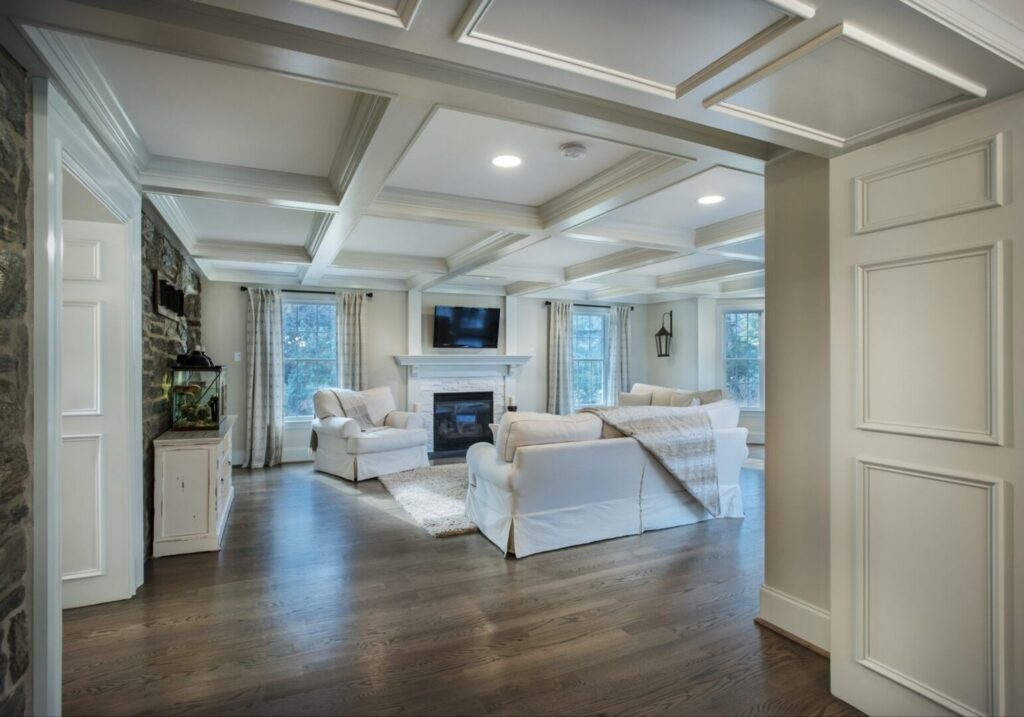 Renovated and rebuilt living room in a home.