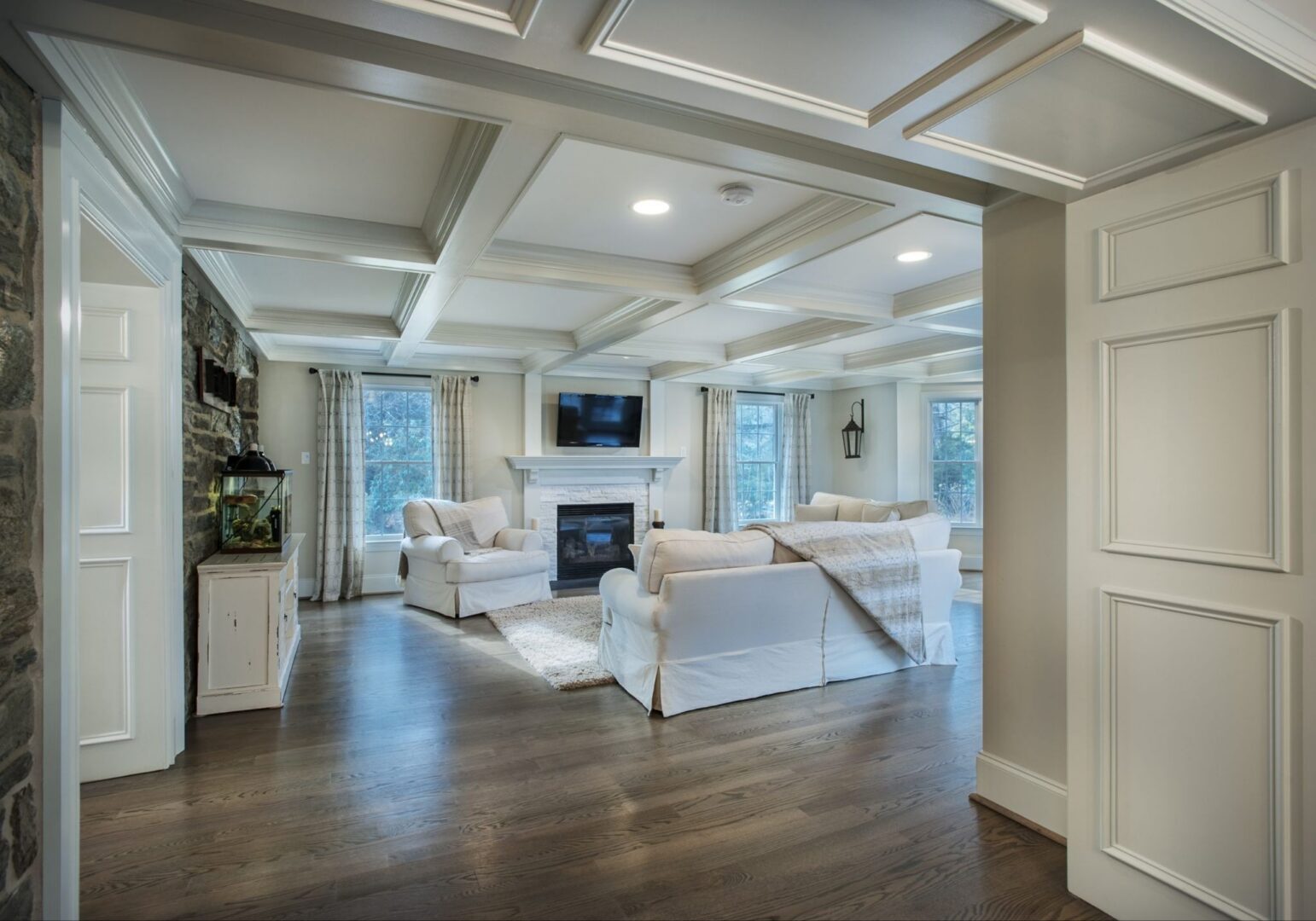 Renovated and rebuilt living room in a home.